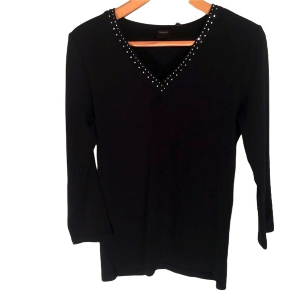 Rafaella Black Embellished Rhinestone V-neck 3/4 Sleeve Top Womens Small